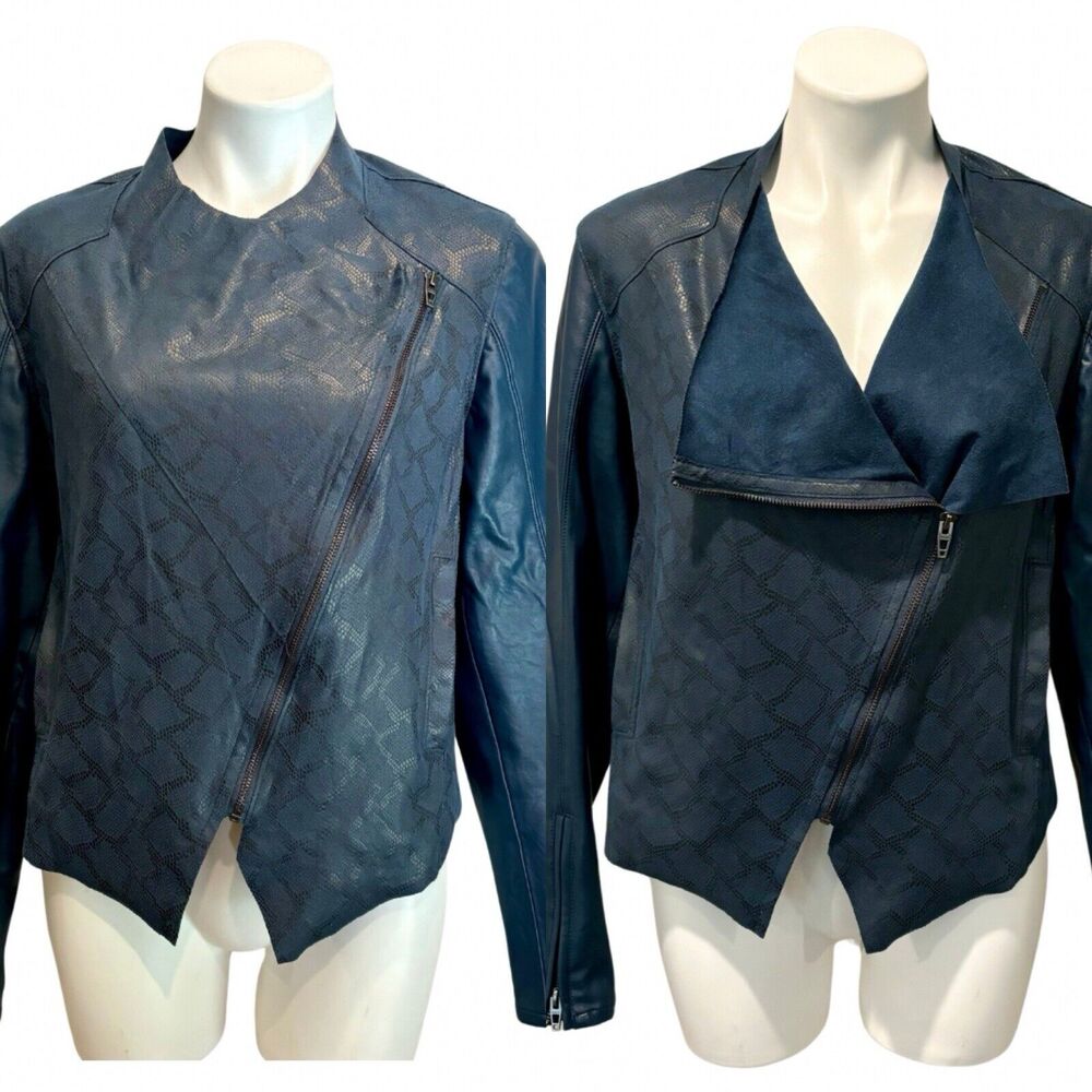 Blank NYC Jacket Large Dark Blue Faux Leather Zip Front Pockets